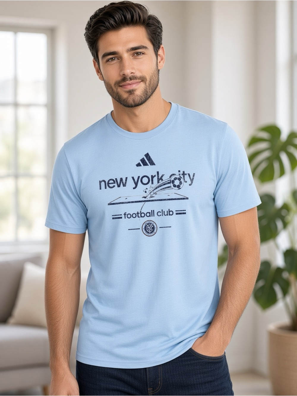 Adidas NYC FC MLS Pre-Game Short Sleeve T-Shirt Light Blue Regular Fit✨-NWT